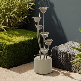 XBrand Metal Sculptural Multi-Tiered Flower Water Fountain, No LED Lights, Silver, 35" Tall