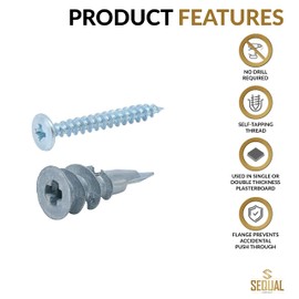 SEQUAL® Metal Driva Plasterboard Fixings & Screws (Pack of 25), Metal Self Drilling Plasterboard Fixings Raw Plugs Cavity Wall