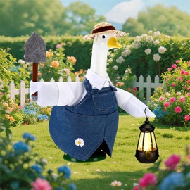 Retisee Gardener Porch Goose Outfit for 23" Lawn Statue Large Yard Garden Goose Cloths with Solar Lights Felt Shovel Decor for Summer Outdoor Lawn Gaden Patio Party