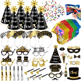 MOVINPE 2025 New Years Eve Party Supplies Set Serve 12, Happy New Year Party Cone Hats, Tiaras, Inflatable Fireworks Gun, Photo Booth Props, Squawkers, Blowouts, Eve Party Favors for Kids Adults