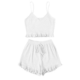 Avanova Women's Ribbed Knit Pajama Set Cami Top and Ruffle Hem Shorts 2 Piece Sleepwear Set White B Large