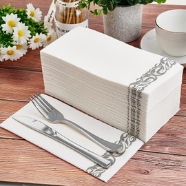 LEKOCH Pack of 100 Disposable Napkins, White with Grey Design, Air Laid Fabric-Like Napkins for Weddings, Premium Quality, 43 x 30 cm