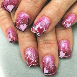 Valentine's Day Press on Nails Pink Purple Fake Nails Short False Nails Pink Heart Line Glitter Design Square Artificial Nails Full Cover Glue on Nails Cute Heart Stick on Nails for Women Manicure