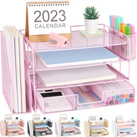 OPNICE Desk Organizers and Accessories, 4 Tier Tray File Holders, Vertical File Organizer with 2 Pen Holders, Office Desk Organization and Desk Accessories for Office Supplies（Pink）