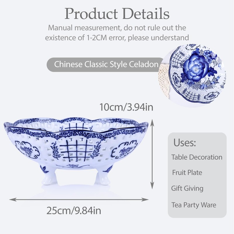 LINYTHER Ceramic Fruit Bowl With Holes, Blue And White Porcelain