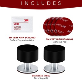 The Dove Factor Adhesive Mounted Stainless Steel Door Stop with Sound Dampening Bumper Top (Pack of 2) (Black, Short)