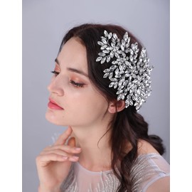 Teyglen Large Full Rhinestones Flower Bride Wedding Hair Comb Headband Luxurious Hair Accessories Dainty Silver Crystals Bridal Side Hair Combs for Women Bride Girls (Silver)