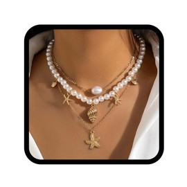 Reaky Pearl Layered Necklaces Gold Beach Starfish Pendant Necklace 3 Pcs Shell Necklaces Chains for Women