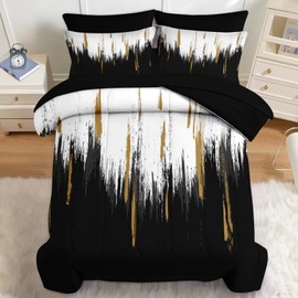 Nesker Comforter Set Queen Size, Black Gold White 7 Pcs Bedding for Kids and Adults, Abstract Oil Painting Bed Sheet Sets with Fitted Sheet 2 Pillowcases & 2 Shams