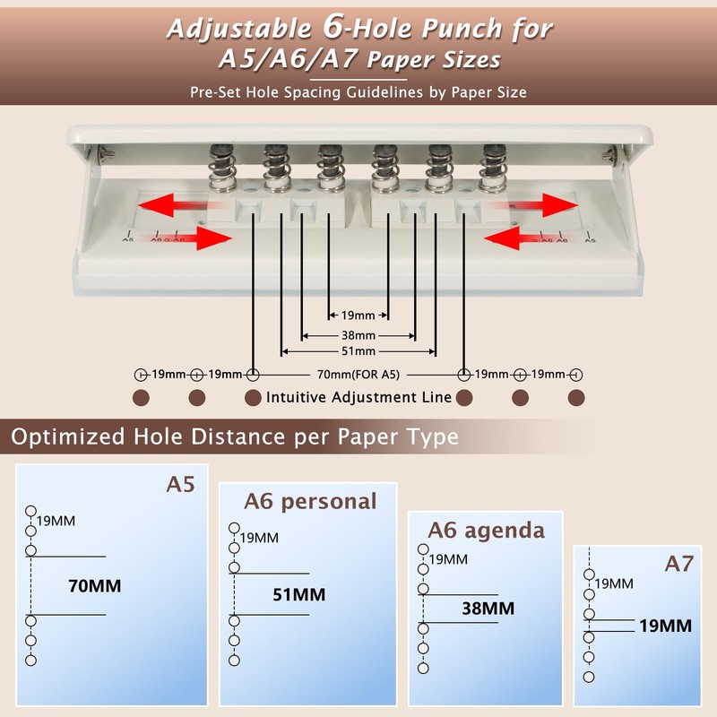 Metal Adjustable 6 Hole Punch for A5 A6 A7 Binders/Planners,