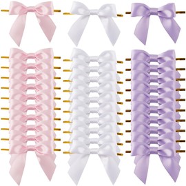CRASPIRE 60Pcs 3 Colors Twist Tie Bows 3.35" Pink Grosgrain Ribbon Twist Tie Bows White Satin Ribbon Bows for Treat Bags Pretied Bows Premade Craft Bows for Gift Wrap Wedding Candy Party Decoration
