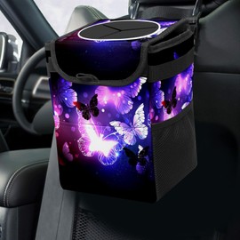 GACTIVITY Purple Butterfly Car Trash Can with Lid Collapsible Reusable Waterproof Car Garage Bag,Automotive Garbage Can,Car Accessories Interior Car Organizer