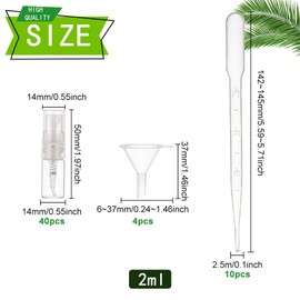BENECREAT 40pcs 2ml Mini Fine Mist Spray Bottle, Refillable Sample Bottle with Transparent Plastic Lid 10pcs Dropper and 4pcs Funnel for Perfume, Lotion, Travel