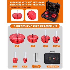 VANSORK 6 Pieces PVC Pipe Fitting Reamer Kit, Plastic Pipe Reamer Tool with 3/4", 1", 1-1/2", 2", 3", 4", PVC Fitting Saver for SCH40, ABS, CPVC Pipe, Fit into Standard 1/2" Drills