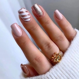 Square Shape Press on Nails Short Christmas Fake Nails with White Line Gold Glitter Design False Nails Glossy Glue on Nails Pink Acrylic Nails Stick on Nails for Women 24 pcs