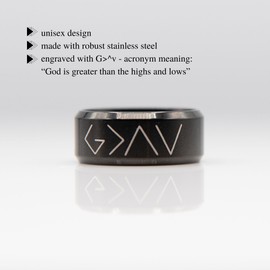 Christian Ring Highs and Lows (Black) Size 9 | God Is Greater Than The Highs And Lows Stainless Steel Ring, Christian Jewelry For Him or Her