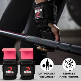 DMoose Weight Lifting Hooks (Pair), Hand Grip Support Wrist Straps for Men and Women, 8 mm Thick Padded Neoprene, Deadlift, Powerlifting, Pull up bar, Liftups, Shrugs (Pink (Flat Hook))