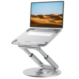 tounee Telescopic Laptop Stand for Desk with 360° Swivel Base, Sit to Stand, Height Adjustable, Portable Riser Holder for Good Posture, Compatible with All Laptops 10-17"-Silver