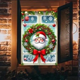 BlissYard Christmas Window Banner Santa Wreath 31x47 Inch Decoration for Holiday Home Decor Large Xmas Window Cover Background Festive Wall Hanging Seasonal Display for Girls or Boys Gifts