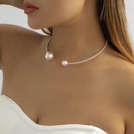 Clataly Imitation Pearl Open Necklace Simple Single Layer Bracelets Silver Crystal Delicate Open Choker Necklace Jewelry for Women and Girls (Pearl Necklace)