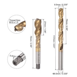 HARFINGTON Tap & Bit Sets, M10 x 1.5 Screw Thread Machine Spiral Flute Threading Tap and 8.5mm Twist Drill Bit, Titanium Plated M35 Cobalt High Speed Steel (HSS-CO)