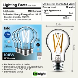 LafoHome EcoBright 12PK Dimmable A19 LED Filament Bulb, 10W (100W Equivalent), E26 Base, 1100 Lumens, CRI90+, Flicker-Free Clear Glass, Energy Star Title 20, Daylight 5000K