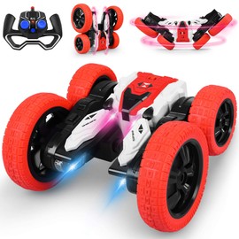 Carro de Control Remoto, 4WD 2.4GHz Coche RC de Acrobacia, Carro Control Remoto Todo Terreno con LED, 360 ° Rotación de Doble Cara, Coche Juguete Recargable, Regalo para Niños 4-12 Años - Rojo