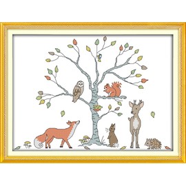 Meecaa Cross Stitch Kits 14 Count Stamped, Squirrel Fox Rabbit Owl Deer Animal Embroidery Kit with Accessories Pre Printed（38×30CM (Peace Tree)