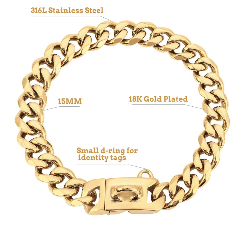 BAOBOTE 15MM Gold Stainless Steel Dog Collar with Cuban Link