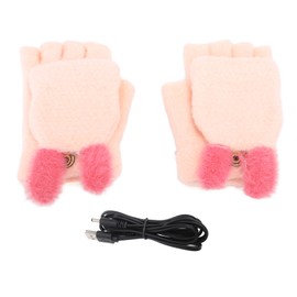 USB Heated Knitted Flap Gloves Half Finger 5V Winter Heating Computer Gloves for Typing Game Pink