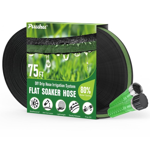 Flat Soaker Hose 75FT for Garden and Lawns, 80% Water-Saving