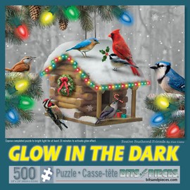 Bits and Pieces - 500 Piece Glow-in-The-Dark Jigsaw Puzzle for Adults 18" x 24" - Festive Feathered Friends - 500 pc Holiday Birdhouse Christmas Pine Tree Lights Jigsaw by Artist Alan Giana