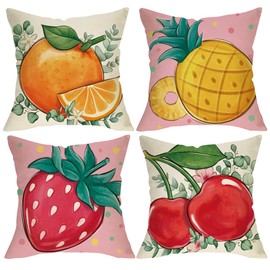 Fjfz Spring Summer Fruits Decorative Throw Pillow Covers 16 x 16 Set of 4, Orange Pineapple Strawberry Cherry Porch Outdoor Home Decor, Seasonal Eucalyptus Leaves Polka Dots Couch Cushion Case
