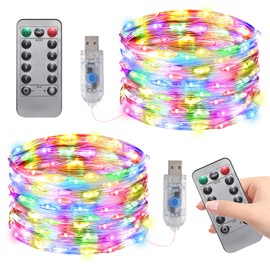 2 Pack USB Fairy Lights for Bedroom,33Ft 100Led Silver Wire Waterproof String Light, Indoor Twinkle Lights (Multicolor, 100LED/33FT)