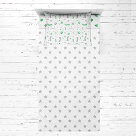Bacati - Muslin Sports 3 Piece Boys Toddler Bed Sheet Set 100 Percent Cotton Includes Fitted Sheet, Top Sheet, and Pillow Case (3 pc Toddler Bed Sheet Set, Soccer Ball Green/Grey)