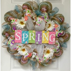 Pastel Spring Wreath With Daisies Handmade Deco Mesh
