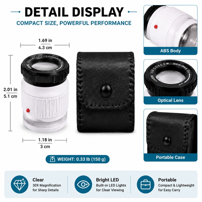 30X Pocket Magnifier with LED Light – Adjustable Focus Loupe