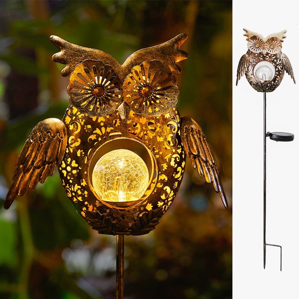 Go2garden Solar Lights Outdoor Owl Decorative Metal Stakes Lights Crackle Glass Light for Lawn, Yard Art, Pathway, Patio Decor(Bronze)