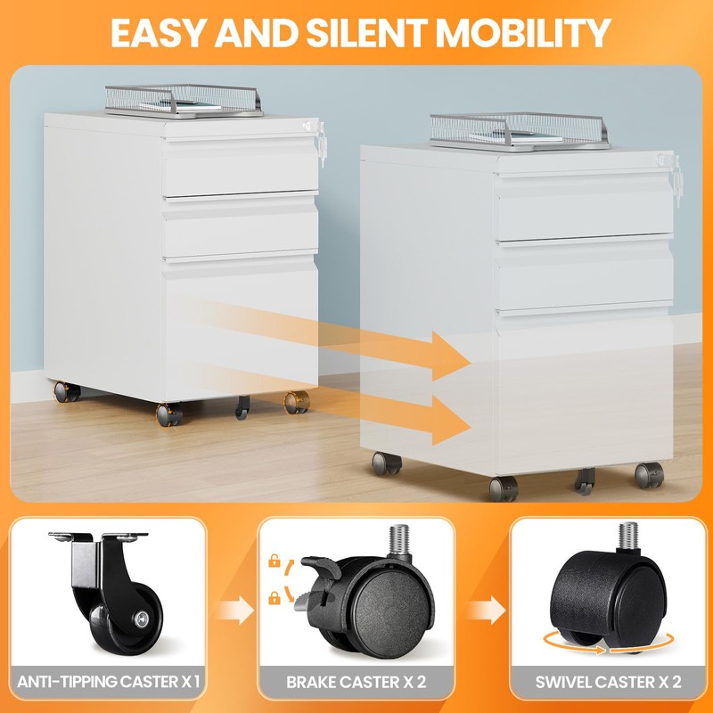 AFAIF 3 Drawer Mobile File Cabinet with Lock, Rolling File