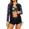 SHEKINI Women's 3-Piece Rash Guard Long Sleeve Swimsuits with Drawstring Short, Black+Leaf
