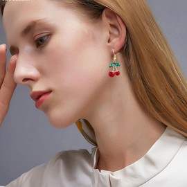 3D Cute Red Cherry Charm Gold Dangle Drop Hook Earrings for Women Daughter 925 Sterling Silver Gold Finish Hypoallergenic Acrylic Y2K Earrings Jewelry Gift