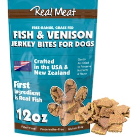 Real Meat Dog Treats - 12oz Bag of Bite-Sized Air-Dried Fish & Venison Jerky for Dogs - Grain-Free Jerky Dog Treats Made up of 95% All-Natural, Human-Grade, Free-Range Venison & Ocean-Caught Fish
