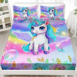 XYNHML Kid Unicorn Fitted Sheet Set Full Size Rainbow Flower Star Pattern Kid Bed Sheet Cute Unicorn Butterfly Bedding Set for Boys Girls Includes 1 Fitted Sheets & 2 Pillowcases No Flat Sheet
