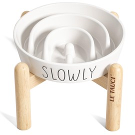 Ceramic Elevated Slow Feeder Dog Bowl - 0.6 Cup Puzzle Feeder with Wooden Stand for Small Breeds, White Pet Dish