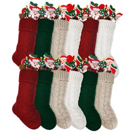12 Pieces Christmas Stockings 14.5 Inch Cable Knitted Xmas Stockings Christmas Stockings Hanging Xmas Stockings for Christmas Fireplace Office Holiday Decoration (Wine Red, White, Linen, Dark Green)