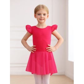 MdnMd Girls Dance Ballet Leotards Dresses for Toddler Ballerina Outfit Skirt Hollow Knot Back Flutter Sleeve (Rose, 4-6 Years)