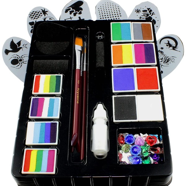 Face Paint Kit for Kids by Kryvaline Professionals with Stencils, Brushes and Biodegradable Glitters in Spill Proof Bottle Plus Skin Jewels