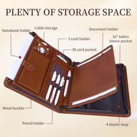 Genuine Leather Professioal Business Portfolio Padfolio Folder with Zipper, Conference Meeting Executive File Legal Document Organizer for Men and Women, Work Portfolio for Meeting and Travel, Brown