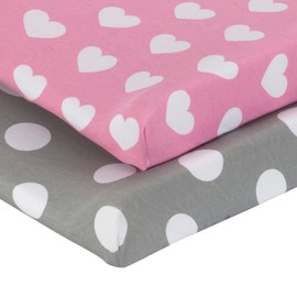 EVERYDAY KIDS 2 Pack Baby Changing Pad Covers for Baby Girl – Fits Most Changing Table Pads; 100% Cotton Jersey Knit, Breathable, Soft Changing Table Topper – Gray, White Dots and Pink. White Hearts