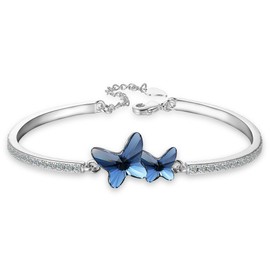 EleQueen Women's Silver-Tone CZ Butterfly Love Bangle Bracelet Denim Blue Adorned with Crystals